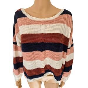 Ultra Flirt Blocked Striped Crew Neck Long Sleeve Pullover Sweater‎ Extra Large